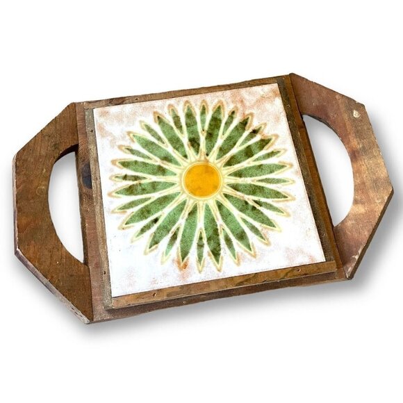 Mid Century Vintage Tile Trivet Serving Tray Daisy Flower Ceramic Hot Plate - Picture 5 of 8